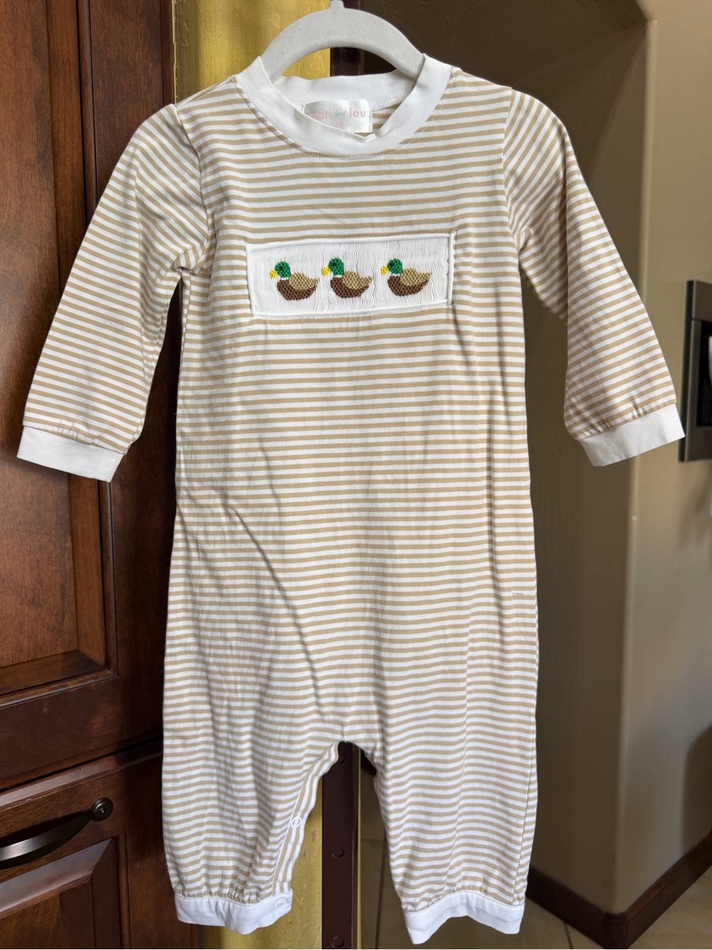 Cecil & Lou Smocked Striped Beige & White Baby Romper 9 months
